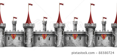 Seamless stone castle wall, old brick tower red flag on white, vector gray medieval fortress border 88380724