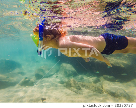 Underwater nature study, boy snorkeling in clear blue sea Underwater nature study, boy snorkeling in clear blue sea 88380757