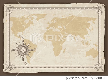 Old map frame with retro nautical compass on old paper texture. Hand drawn antique nautical old vector background. Wind rose for sea marine navigation. Vintage marine theme in vector 88380885