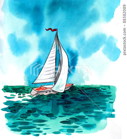 Sailing ship in the sea. Ink and watercolour drawing Sailing ship in the sea. Ink and watercolour drawing 88382089
