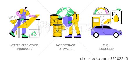 Green solutions abstract concept vector illustration set. Waste-free wood products, safe storage of waste, fuel economy, zero waste products, sorting and recycling, electric car abstract metaphor. Green solutions abstract concept vector illustration set. Waste-free wood products, safe storage of waste, fuel economy, zero waste products, sorting and recycling, electric car abstract metaphor. 88382243