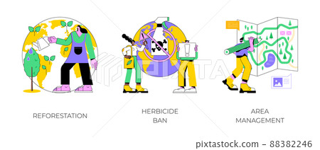 Climate change mitigation abstract concept vector illustration set. Reforestation, herbicide ban, area management, replanting trees, insecticide and pesticide ban, organic farming abstract metaphor. 88382246