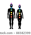 Seven chakra system in human body, infographic with male and female silhouette, standing man & woman, vector illustration 88382399