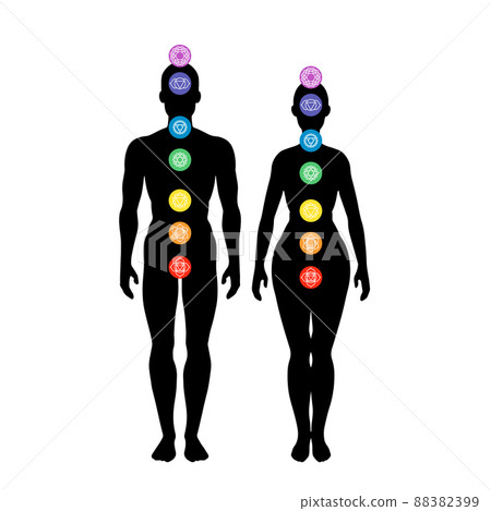 Seven chakra system in human body, infographic with male and female silhouette, standing man & woman, vector illustration 88382399