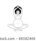 Pregnant black woman sitting down in lotus pose meditating. Black and white lineart drawing. Vector illustration 88382406