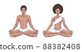 Young meditating man and woman in lotus pose isolated on white background. Black African American yogis. Vector illustration 88382408