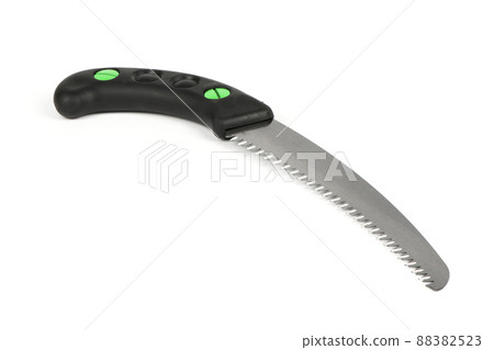 Folding garden saw in the folded state isolated on a white background, pocket saw. Folding garden saw in the folded state isolated on a white background, pocket saw. 88382523