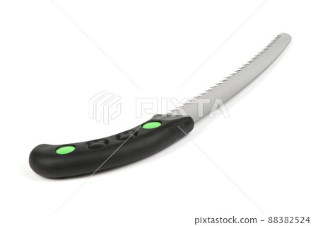 Folding garden saw in the folded state isolated on a white background, pocket saw. Folding garden saw in the folded state isolated on a white background, pocket saw. 88382524