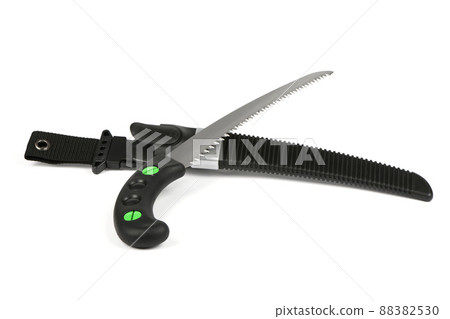 Folding garden saw in the folded state isolated on a white background, pocket saw. 88382530