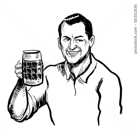 Happy man drinking a mug of beer. Ink black and white drawing 88382836
