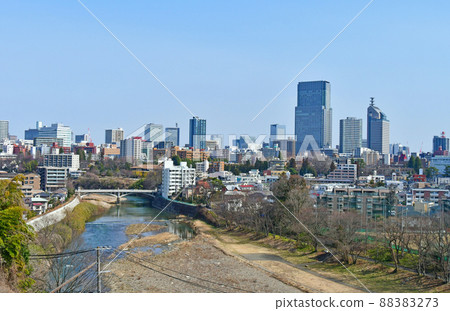 View from Shikadodo, the city of trees, Sendai, early spring, Hirose River, downstream of Goriyabashi 88383273