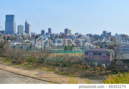View from Shikadodo, the city of trees, Sendai, early spring, Hirose River, downstream of Goriyabashi View from Shikadodo, the city of trees, Sendai, early spring, Hirose River, downstream of Goriyabashi 88383274