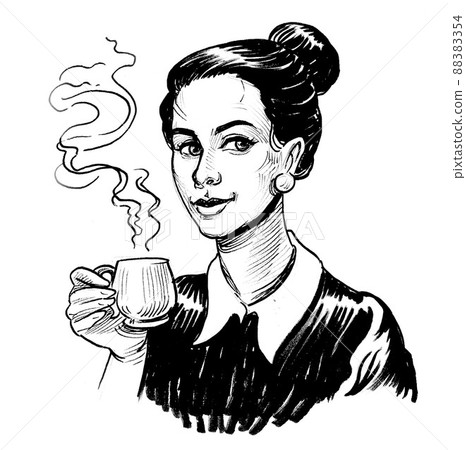 Pretty woman drinking a cup of coffee. Ink... - Stock Illustration ...