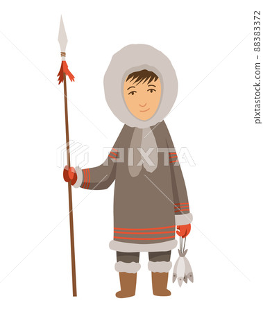 Polar eskimo character. Indigenous fisherman wearing traditional warm clothes. Person with caught fish. Traditional ethnic character Polar eskimo character. Indigenous fisherman wearing traditional warm clothes. Person with caught fish. Traditional ethnic character 88383372