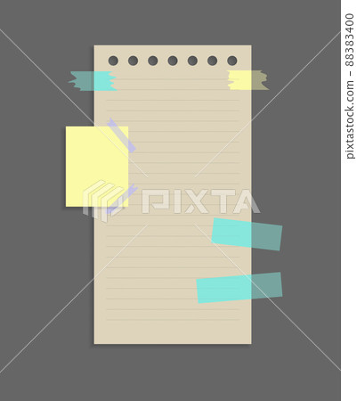 Paper notes stickers. Place for memo messages on paper sheets. Attached with sticky colorful tape on grey background isolated realistic vector illustration 88383400