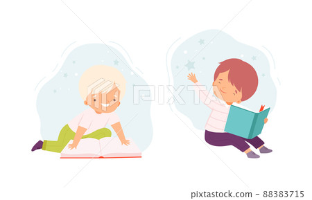Cute boys sitting on floor and reading books set cartoon vector illustration 88383715