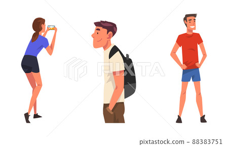 Casual dressed people set. Girl taking photo with smartphone, boy standing with backpack cartoon vector illustration 88383751
