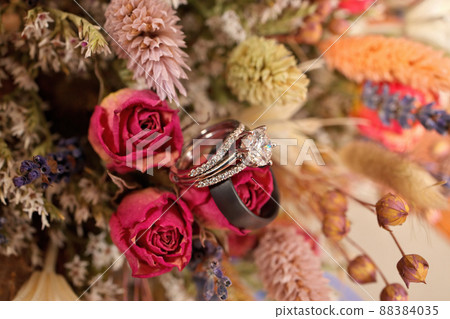 Diamond Wedding Ring with Wedding Band and Bouquet of Dried Wildflowers 88384035