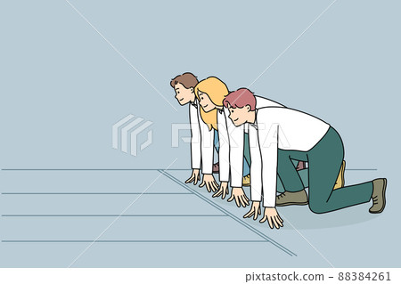 Diverse employees ready to sprint at workplace  88384261