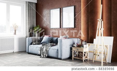 Mock-up frame in home interior background, 3d render Mock-up frame in home interior background, 3d render 88385698