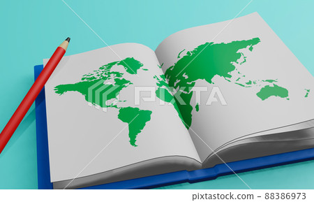 World map and books (images of future life in a global society, geography, global perspective, etc.) 88386973