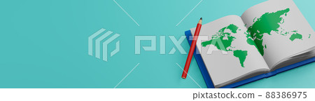 World map and books (images of future life in a global society, geography, global perspective, etc.) 88386975