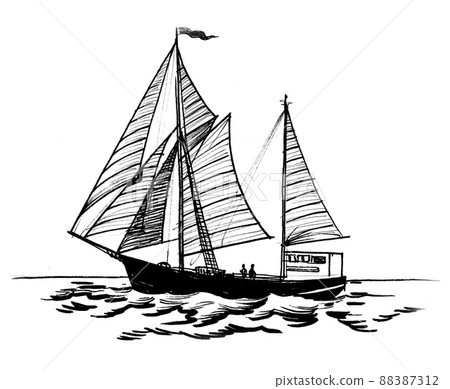 Sailing ship in the sea. Ink black and white drawing 88387312