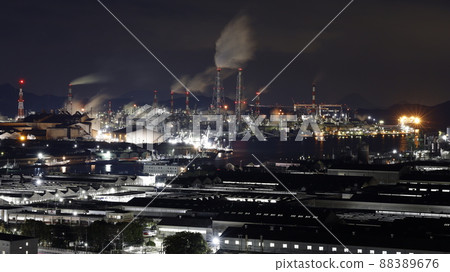 Night view of the Mizushima Complex factory seen from Kamejimayama Hana and Midori no Oka Park in Kurashiki City, Okayama Prefecture 88389676