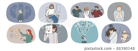 Collection of scared people struggle with panic attack  88390148