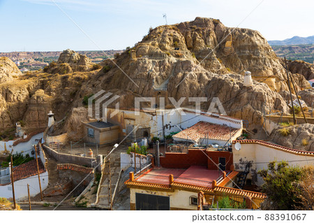 View from drone of cave house area of Guadix, Spain View from drone of cave house area of Guadix, Spain 88391067