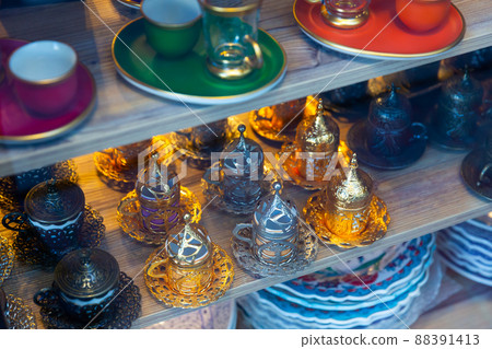 Traditional coffee and tea cups at Turkish Bazaar Traditional coffee and tea cups at Turkish Bazaar 88391413