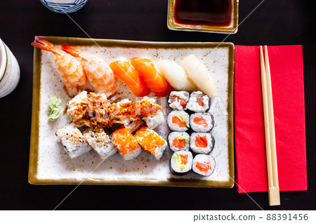 Combined sushi - california, nigiri, variado closeup 88391456