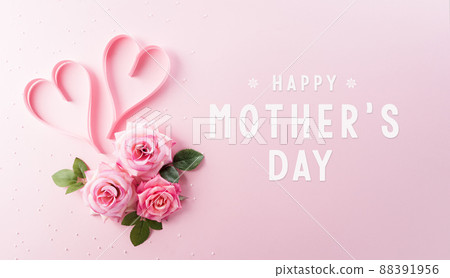 Happy Women's Day decoration concept made from rose flower and heart with the text on pink pastel background. Happy Women's Day decoration concept made from rose flower and heart with the text on pink pastel background. 88391956