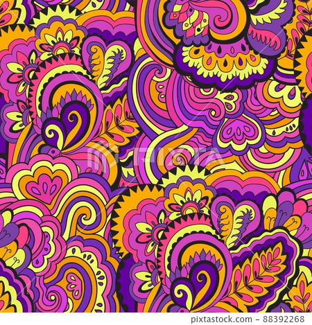 Bright psychedelic pattern with colorful curly doodle motifs. Bright psychedelic pattern with colorful curly doodle motifs. 88392268