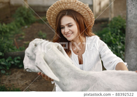 Girl farmer with white goat. Woman and small goat green grass. Eco farm. Farm and farming concept. Village animals. Girl play cute goat. F Girl farmer with white goat. Woman and small goat green grass. Eco farm. Farm and farming concept. Village animals. Girl play cute goat. F 88392522