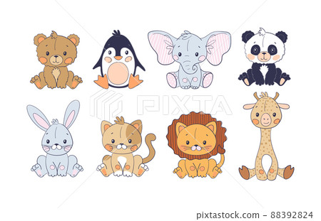 A set of cute jungle animals in a simple scandinavian design. Children s set of giraffe, elephant, lion, penguin, koala and bear. Colored flat vector illustration isolated on white background. 88392824