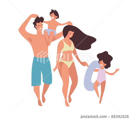 A family in swimsuits is relaxing and having fun at the sea or in the pool. Parents with children smile and walk on the journey. Vector flat cartoon characters about tourism, vacation with kids. 88392826
