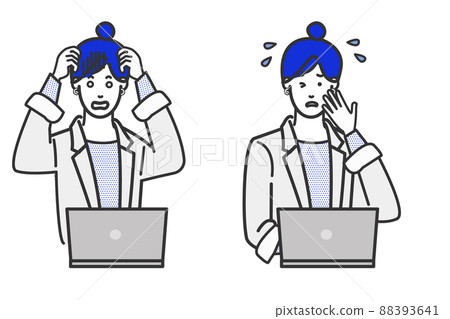 簡單的白色背景與亞洲女性的面部表情變化坐在電腦前與工作母親的形象 88393641