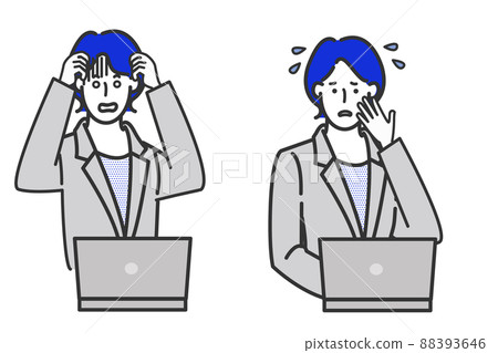一個簡單的插圖,在白色背景上繪製線條,並帶有不同的面部表情,其中一個穿著西裝的女商人坐在電腦前。 一個簡單的插圖,在白色背景上繪製線條,並帶有不同的面部表情,其中一個穿著西裝的女商人坐在電腦前。 88393646