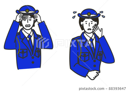 簡單的白色背景，帶有一組不同的面部表情，是一位身穿 Bob Hair 警服的看起來很溫柔的女警官 88393647