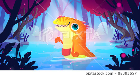 Cute orange monster in forest lake Cute orange monster in forest lake 88393657