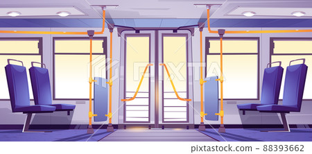 Empty bus interior with seats and handrails Empty bus interior with seats and handrails 88393662
