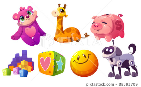 Kids toys, plush animals, ball, blocks, piggy bank Kids toys, plush animals, ball, blocks, piggy bank 88393709