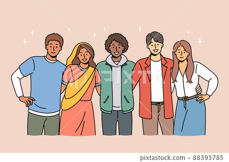 Multicultural smiling friends pose hug together  88393785