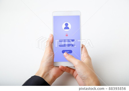 Woman using access window to log in entering password on mobile phone, Sign up username password Enter log in, Cyber protection, Information privacy. Protection Internet and technology Concept. Woman using access window to log in entering password on mobile phone, Sign up username password Enter log in, Cyber protection, Information privacy. Protection Internet and technology Concept. 88393856
