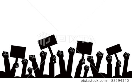 Group of fists raised in air. Group of protestors fists raised up in the air vector illustration 88394340