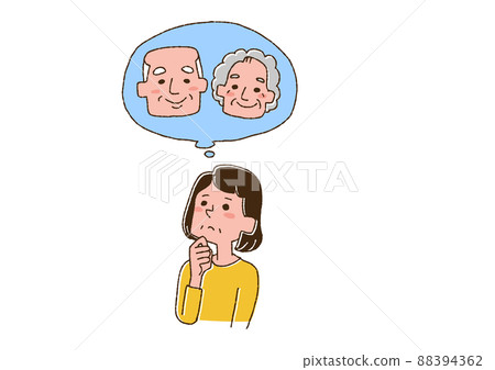 Middle-aged woman thinking about caring for her elderly parents Comical handwritten person Vector, line drawing and color 88394362