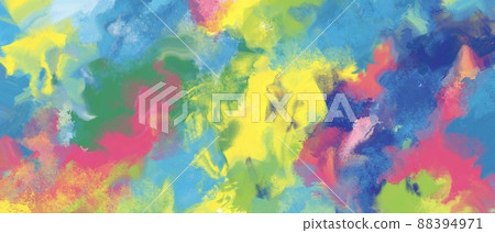 油畫抽象藝術，彩色水平背景）粗糙的筆跡，多色，亮黃色，綠色，藍色，粉紅色 88394971