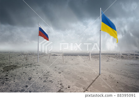 Ukraine flag and Russian flag waving Ukraine flag and Russian flag waving 88395091