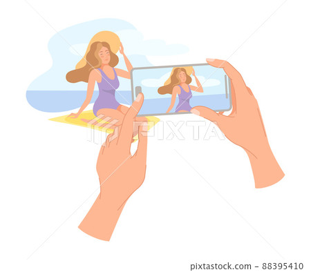 Hand Holding Smartphone Recording Video with Camera Filming Picture of Female Sitting on Beach on Screen Vector Illustration Hand Holding Smartphone Recording Video with Camera Filming Picture of Female Sitting on Beach on Screen Vector Illustration 88395410